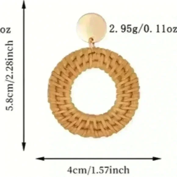 B1G1 Wooden Dangle Earrings with Circular Weave Gold Round 5.8cm - Picture 2 of 2